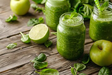 Healthy green smoothie on wood background .