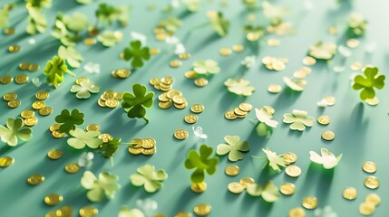 St Patricks Day flat lay composition with four leaf clover paper art gold coins confetti :...