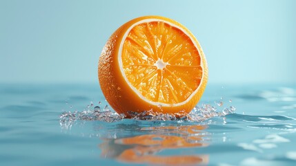 Orange  A vibrant orange on a soft blue background  water color, cartoon, animation 3D, vibrant - obrazy, fototapety, plakaty