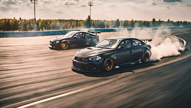 Two Cars in a Drifting Battle on an Asphalt Street Race Track with Smoke