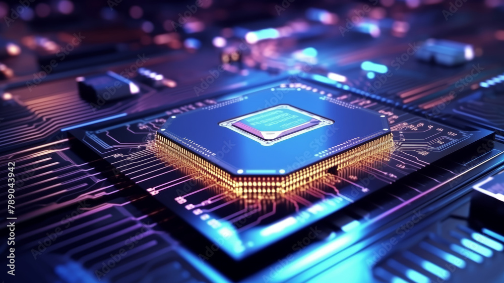 Poster close-up view of modern chip gpu card with circuit blue neon lights. concept cpu microchip for ai an