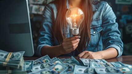 A womans fun gesture with a light bulb and money pile - obrazy, fototapety, plakaty