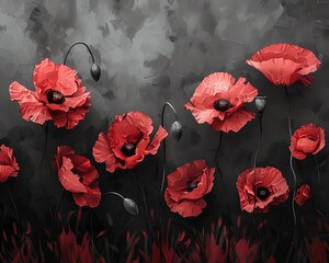 Poppy  Bold red poppies on a monochrome black field water color, cartoon, hand drawing, animation 3D, vibrant, minimalist style