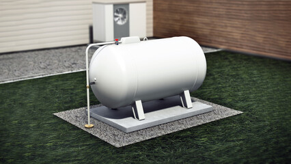 Propane tank in the garden of a house. 3D illustration - 789043934