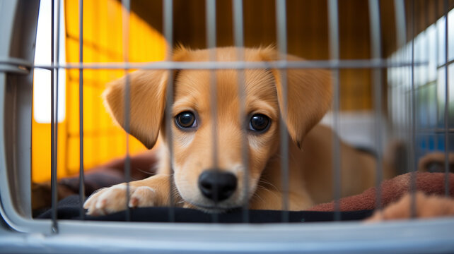 Bored dog in carrier cage Traveler transportation for safe transport trip box. Concept animal travel