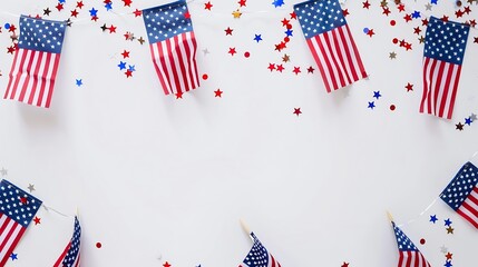 Obraz premium 4th of July American Independence Day Happy Independence Day American flag decorations on white background Flat lay top view copy space banner : Generative AI