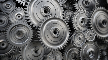 Background formed with group of 3D steel wheels in motion. 3D illustration - 789044151