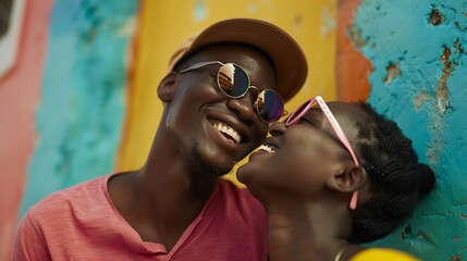 Closeup low angle view portrait of a cool african couple laughing talking in a colorful street : Generative AI