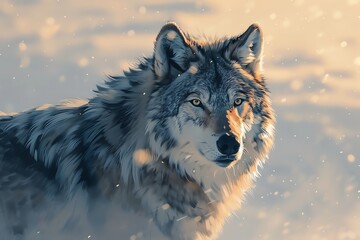 Wolf  A lone wolf with a snowy white backdrop during winter water color, cartoon, animation 3D, vibrant - obrazy, fototapety, plakaty