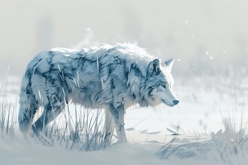 Wolf  A lone wolf with a snowy white backdrop during winter water color, cartoon, animation 3D, vibrant - obrazy, fototapety, plakaty