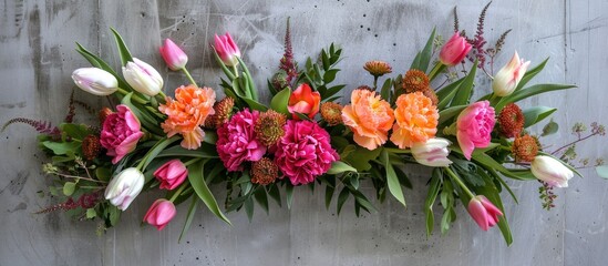 Lovely arrangement of carnations and tulips showcased against a concrete backdrop
