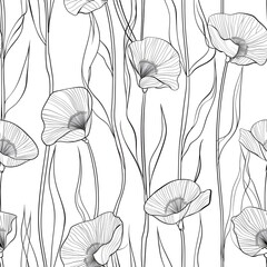 Seamless floral pattern with one line flowers. Vector hand drawn illustration. 