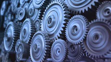 Background formed with group of 3D steel wheels in motion. 3D illustration - obrazy, fototapety, plakaty