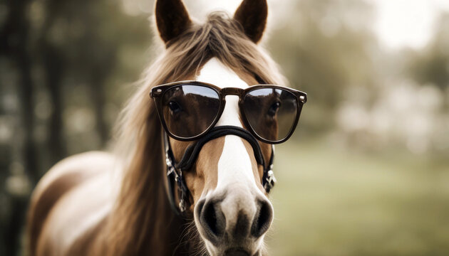 horse zoo wearing sunglasses and have cute hair head sun face design funny beautiful wild trendy wildlife poster for party music fashion in summer 