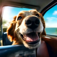 The dog has a big nose with an open mouth, smiling, in the sun, sitting in the car, going on vacation.