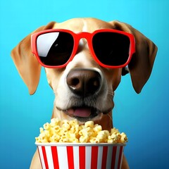 Dog with a big nose in 3D glasses with big popcorn on a blue background