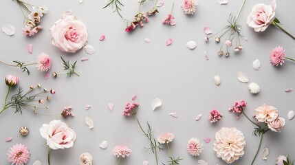 Flat lay top view photo Mockup on a grey background  with gentle flowers and plants Cute feminine mockup Blog header image Blank space : Generative AI
