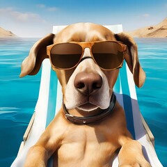 A dog with a big nose in sunglasses on vacation on vacation on a striped lounger against the backdrop of blue ocean water