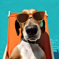 A dog with a big nose in sunglasses on vacation on vacation on an orange lounger against the background of the blue water of the pool