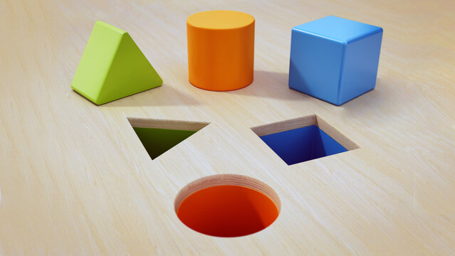 Shape sorter puzzle toy with square, circle and triangle shapes. 3D illustration