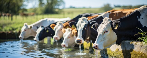 A group of cows at the watering hole. Summer hot day.