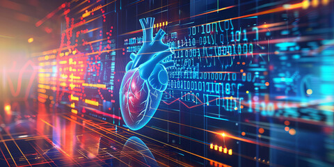 AI role in real time patient monitoring and heart health management. Concept futuristic healthcare technology and data network visualization, neon banner.