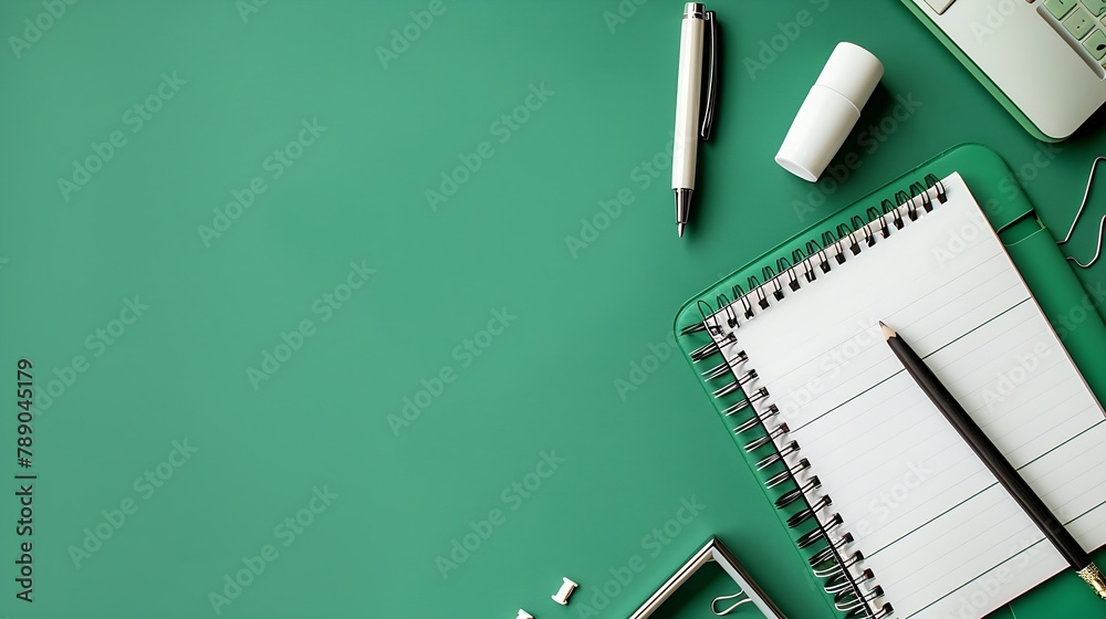 Aufkleber workspace concept notepad and writing supplies on green desk flat lay top view copy space : generati