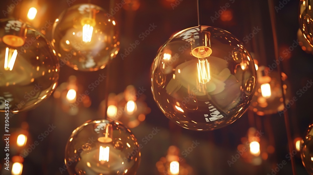 Poster classic sphere lighting bulbs are glowing in orange warming shade there are hanging from ceiling in 