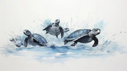 Fotobehang Turtles against the background of blue water © May