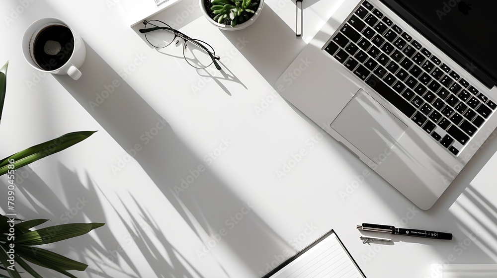 Poster White office desk with laptop and supplies Top view with copy space flat lay : Generative AI