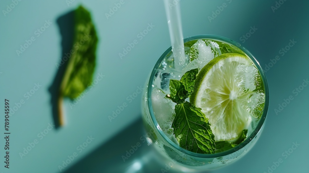 Poster caipirinha mojito cocktail vodka or soda drink with lime mint and straw on table background refreshi