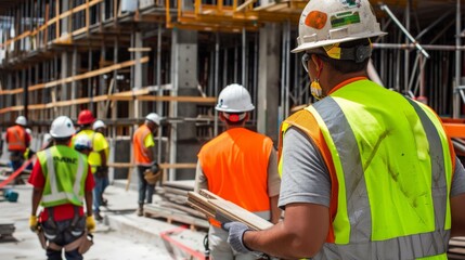 A group of construction workers on a site, with people of different races, religions, and genders working together. They are all wearing hard hats and safety gear.