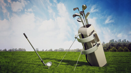 Golf bag full of golf clubs and ball with a club on the grass. 3D illustration - 789045544