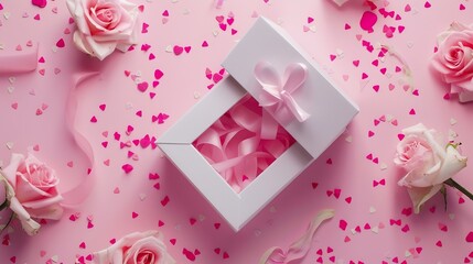 Open gift box confetti and roses on pink background flat lay : Generative AI