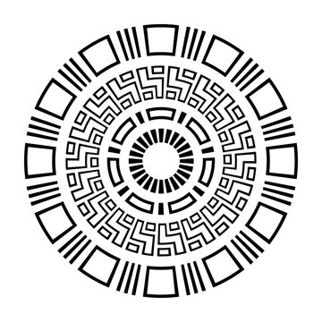 Abstract round meander, circular geometric ornament, stylish emblem. Decorative pattern isolated on white background. Vector monochrome illustration for invitations, greeting cards.