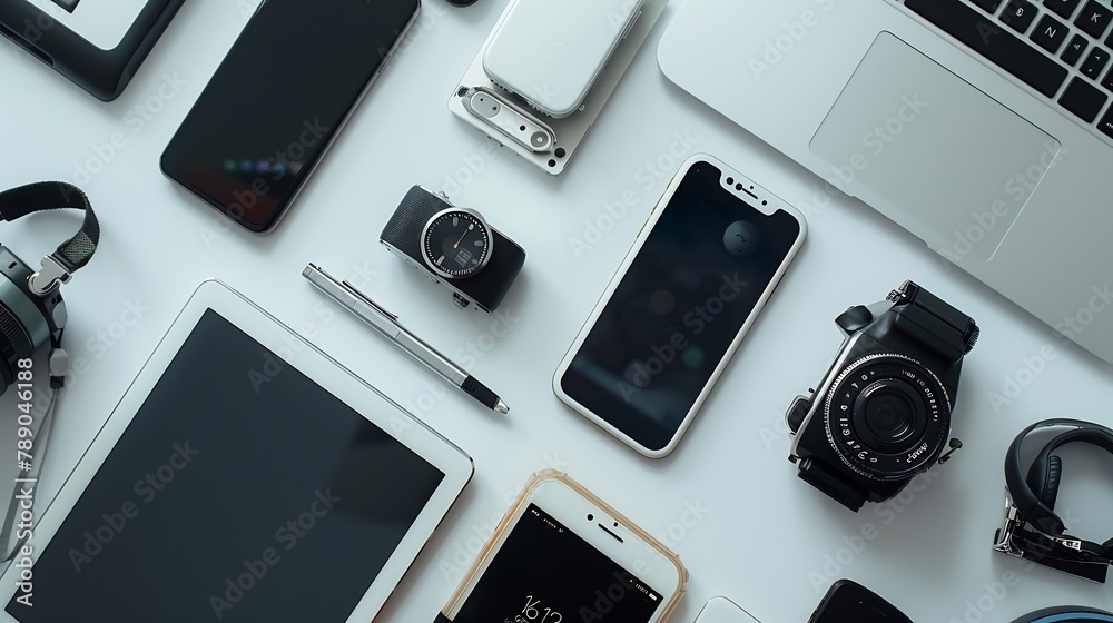 Leinwandbilder flat lay shot of gadgets and mobile devices in white background : generative ai