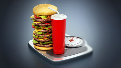 Extra big hamburger and soda standing on weight scale. 3D illustration