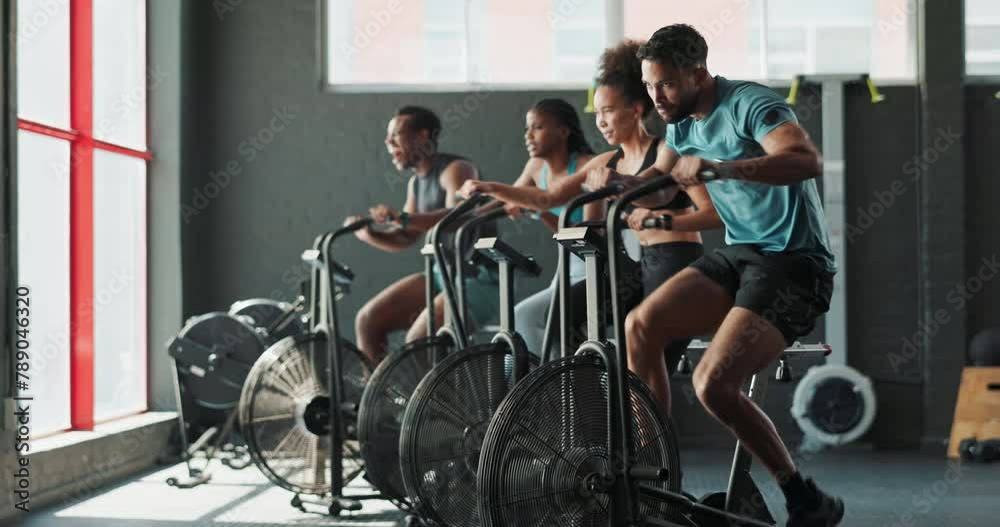 Poster Bike, gym and people with fitness, challenge and increase heart rate with endurance and progress with wellness. Health, group and equipment with energy and cardio with elliptical machine and training