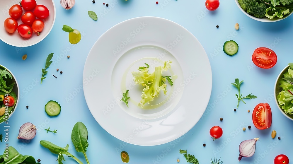 Poster fresh delicious salad and dressing ingredients around empty white plate on light blue background top
