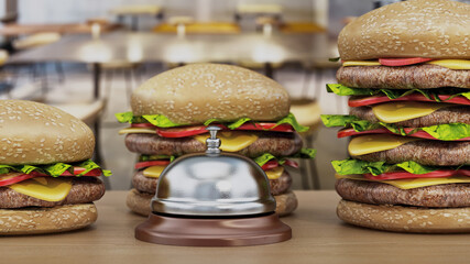 Hamburgers and service bell standing on the burger shop counter. 3D illustration