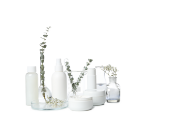 PNG, Cosmetics with chemical test tubes and flowers, isolated on white background