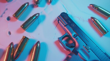 Semiautomatic pistol and bullets on light background flat lay : Generative AI - obrazy, fototapety, plakaty
