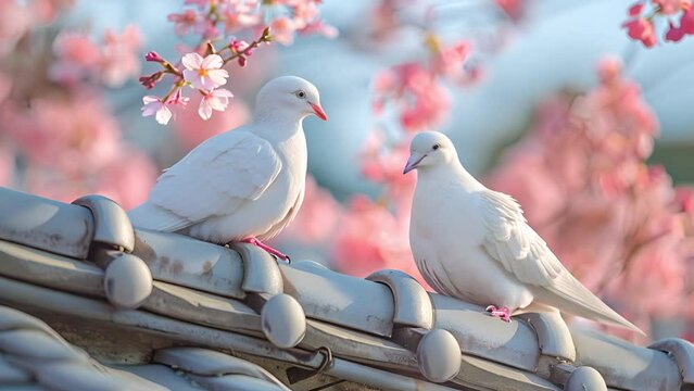 White doves on rooftop with pink spring flowers. Two white doves with love. Valentine and Sweetest day concept. Couple of pigeons bird on the tree with background  blossom gardens. Love and family 4k