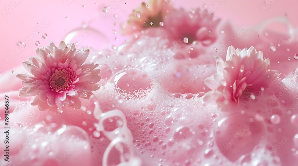 Poster texture with splashes foam and bubbles with pink podium and flowers trendy abstract spring summer na