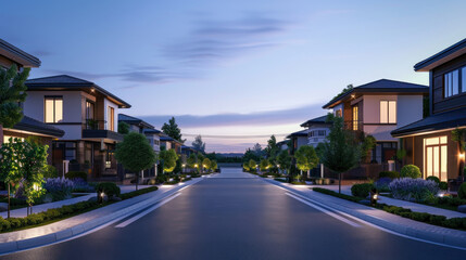 beautiful residential street with modern houses at dusk.  street with houses on both sides, each house has lights. there is an empty road between them leading to horizon