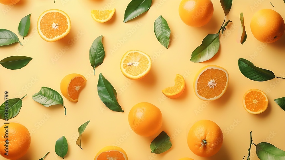 Poster creative summer pattern made of oranges and green leaves on pastel yellow background fruit minimal c