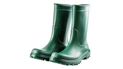 Green rubber boots gardening tool equipment. Spring concept for home garden work or vegetable garden and plant care. Also useful for rain. Front view isolated on white background with clipping  