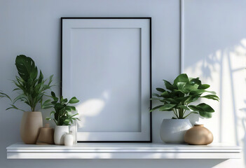 shelve bright rendering plants 3D interior leaning white mockup Frame decorations painting canvas picture photo poster framing wall laying blank paint empty vertical