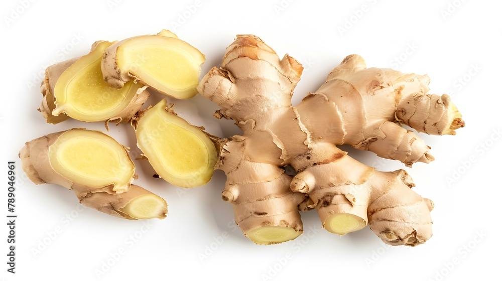 Poster Flat lay of Fresh ginger rhizome with slices  isolated on white background : Generative AI