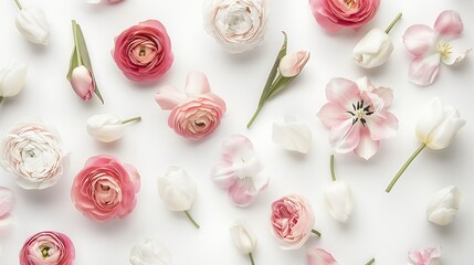 Pink and white roses or ranunculus and tulips isolated on white background Flat lay top view : Generative AI - Powered by Adobe
